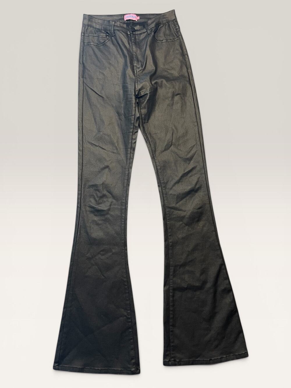 Edikted Luna Black Faux Leather Flare Pants – High Rise & Stretchy – Size Med